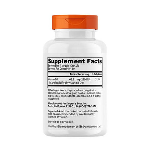 Doctors Best, Vegan D3 With Vitashine D3, 62.5 Mcg, 60 Veggie Caps Doctors Best