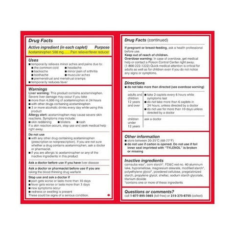 Tylenol, Extra Strength Acetaminophen Caplets, 500 Mg, 100 Each Tylenol