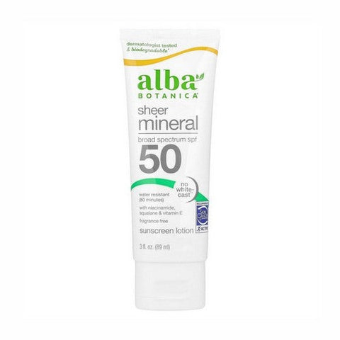 Alba Botanica, Sheer Mineral Sunscreen Lotion SPF 50 Fragrance Free, 3 Oz Alba Botanica