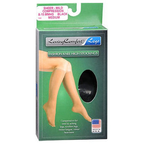 Loving Comfort, Fashion Knee High Stockings Sheer Mild Compression Medium Black, 1 Pair Loving Comfort
