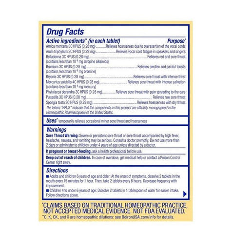 Boiron, Throatcalm Sore Throat Relief For Ages 4 Plus Years Unflavoured, 60 Tabs