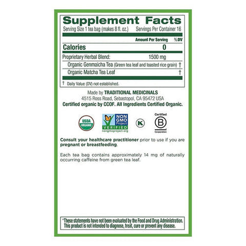 Traditional Medicinals, Organic Green Tea Matcha with Toasted Rice, 16 Bags Traditional Medicinals