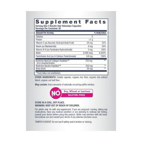 Neocell Laboratories, Keratin Hair Volumiser Plus Collagen Peptides, 60 Caps Neocell Laboratories