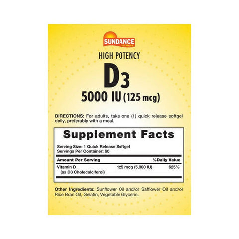 Sundance, Vitamins Vitamin D3 High Potency Softgels, 5000 IU, 60 Tabs Sundance