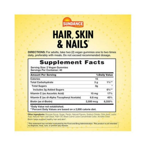 Sundance, Hair Skin And Nails Plus Biotin Vegan Gummies Natural Fruit, 2500 Mcg, 80 Tabs Sundance