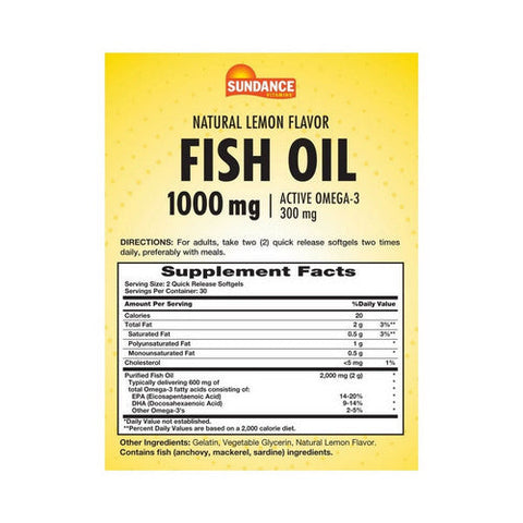 Sundance, Vitamins Fish Oil Softgels Natural Lemon Flavor, 1000 mg, 60 Tabs Sundance