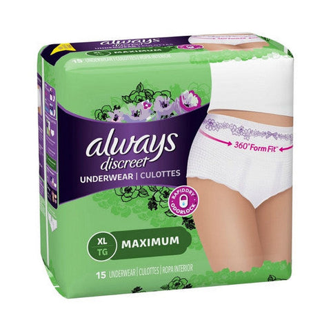 Always Discreet, Female Adult Absorbent Underwear Always  Discreet Pull On with Tear Away Seams X-Large Disposable He, Pack Of 15 Always Discreet