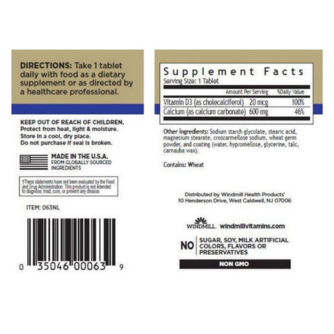 Windmill Health, Calcium with Vitamin D3, 600 mg, 60 Tabs Windmill Health