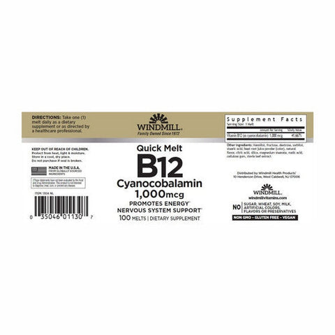 Windmill Health, Vitamin B12, 1000mcg, Sublingual 100 Tabs Windmill Health