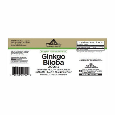 Windmill Health, Ginkgo Biloba, 200 mg, 60 Caps Windmill Health