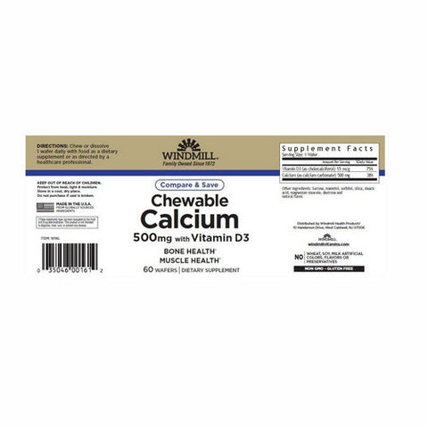 Windmill Health, Chewable Calcium And Vitamin D3, 500 Mg, 60 Wafer Windmill Health