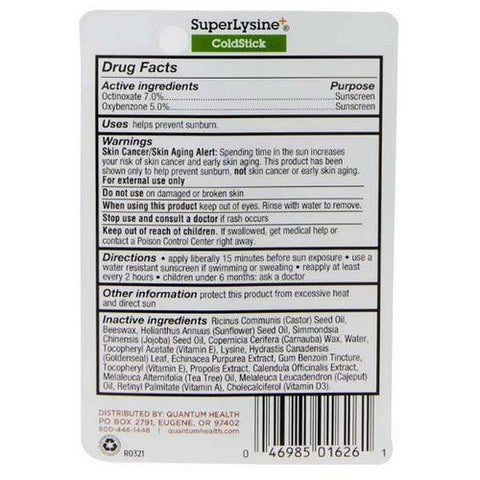Quantum Health, Super Lysine Plus ColdStick Lip Protectant And Treatment, Cold Stick SPF21 5 GM