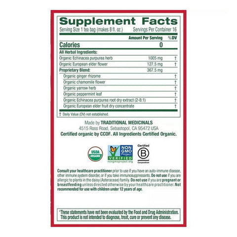 Traditional Medicinals, Organic Echinacea Plus Elderberry Tea, Elder 16 Bags Traditional Medicinals