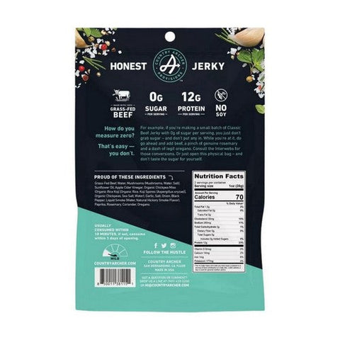 Country Archer, Grass-Fed Zero Sugar Beef Jerky Classic, 2 Oz(Case Of 12) Country Archer