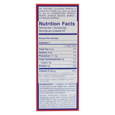 Sportea, Hot Tea 20 Cup Size Teabags With Green Tea Vitamin C Electrolytes  And Siberian Eleuthero Root, 1.4 Oz Sportea