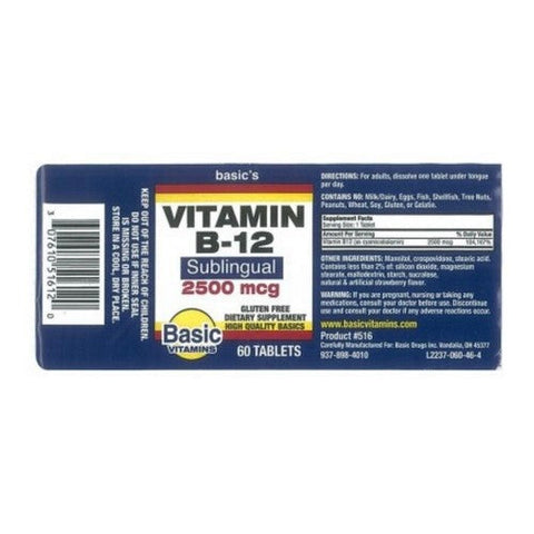 Basic Vitamins, Vitamin B12 Sublingual, 2500 Mcg, 60 Tabs Basic Vitamins