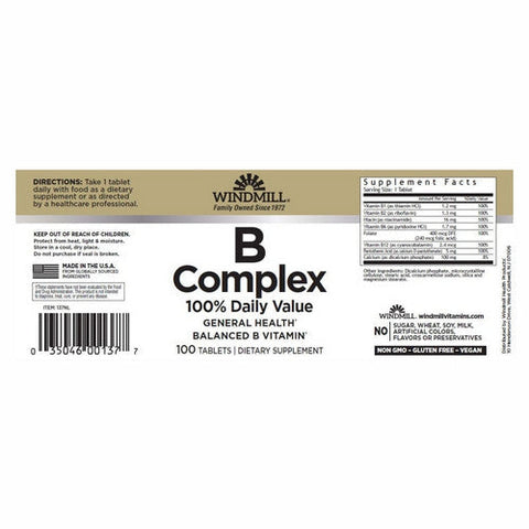 Windmill Health, B Complex 100% Daily Value, 100 Tablets Windmill Health