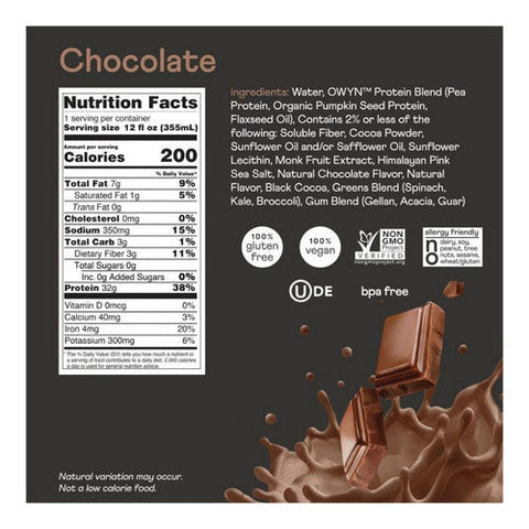 Owyn, Plant Based Pro Elite Chocolate Protein Drink, 12 Oz(Case Of 12) Owyn