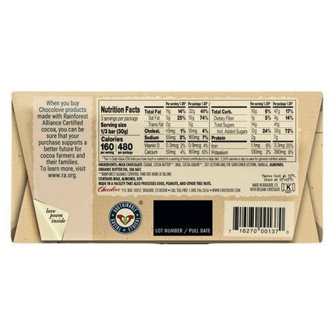 Chocolove, Almonds And Sea Salt In Milk Chocolate Bar, 3.2 Oz(Case Of 12)