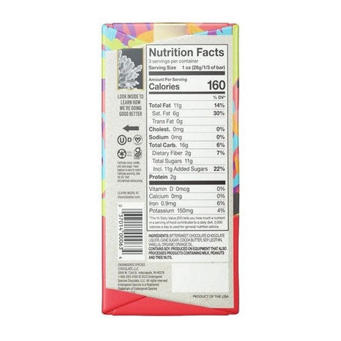 Endangered Species, Dark Chocolate Bar Orange, 3 Oz(Case Of 12) Endangered Species
