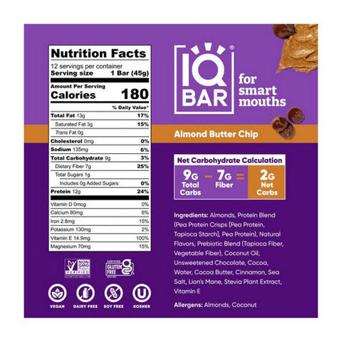 IQ Bar, Almond Butter Chip Bar, 1.6 Oz(Case Of 12) IQ Bar