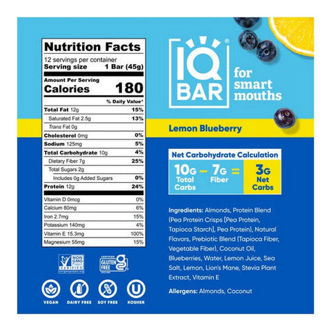 IQ Bar, Lemon Blueberry Bar, 1.6 Oz(Case Of 12) IQ Bar