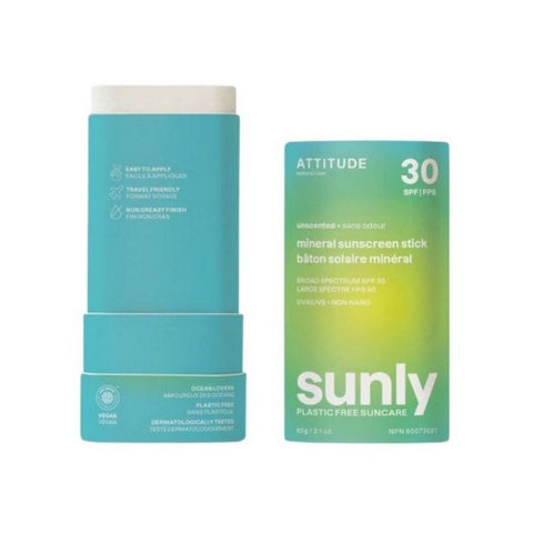 Attitude, Mineral Sunscreen Stick SPF 30 Sunly Plastic Free Unscented, 2.1 Oz Attitude