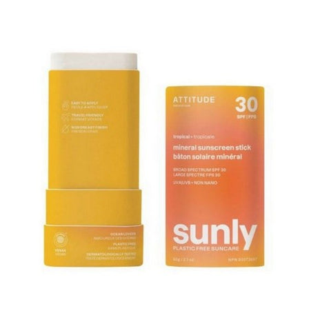 Attitude, Tropical Mineral Sunscreen Stick SPF 30 Sunly Plastic Free, 2.1 Oz Attitude