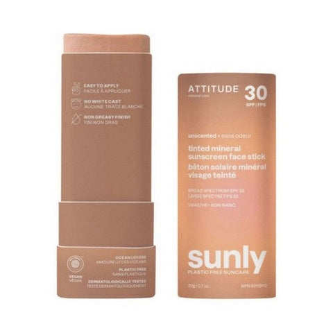 Attitude, Tinted Mineral Sunscreen Face Stick SPF 30 Sunly Plastic Free Unscented, 0.7 Oz Attitude