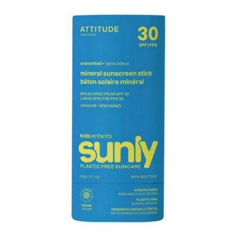 Attitude, Sunly Mineral Sunscreen Stick For Kids Spf 30 Unscented, 2.1 Oz Attitude