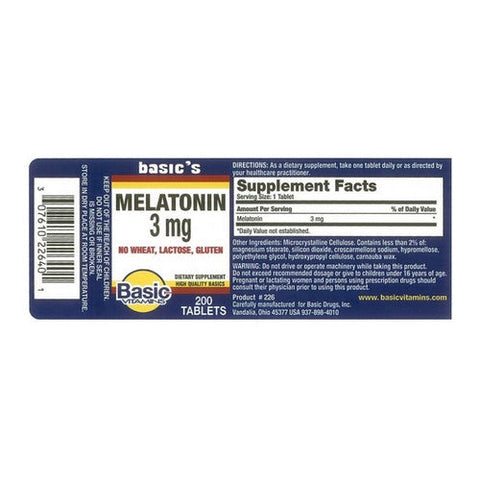 Basic Vitamins, Melatonin Tablets, 3 Mg, 200 Count Basic Vitamins