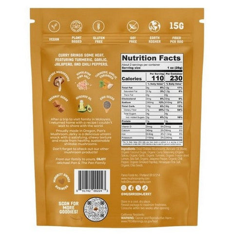 Pan's Mushroom Jerky, Curry Mushroom Jerky, 2.2 Oz (Case Of 6) Pan's Mushroom Jerky