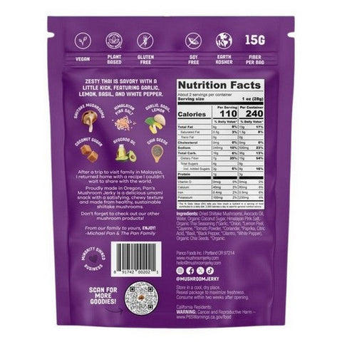Pan's Mushroom Jerky, Mushroom Jerky Zesty Thai, 2.2 Oz (Case Of 6) Pan's Mushroom Jerky