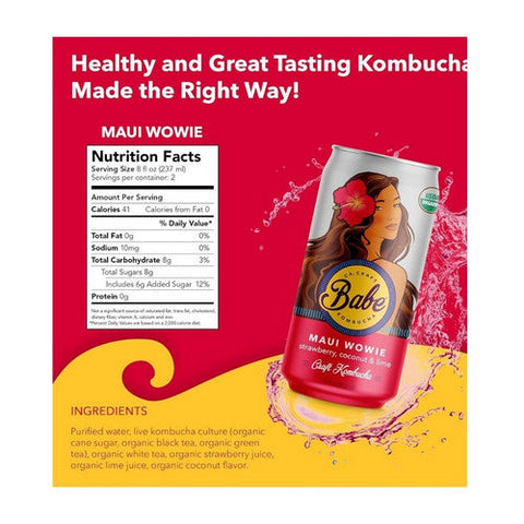 Babe Kombucha, Organic Maui Wowie Strawberry Coconut Lime Flavor Can, 16 Oz (Case Of 12) Babe Kombucha